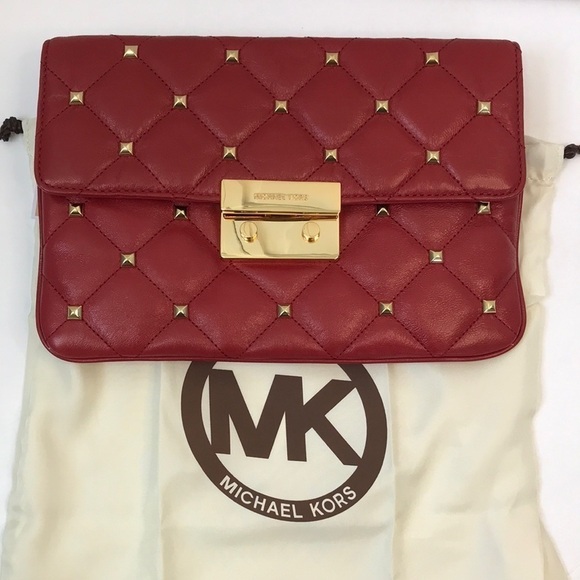 MICHAEL MICHAEL KORS Red Gold Sloan Quilt Studded Clutch - Picture 2 of 6